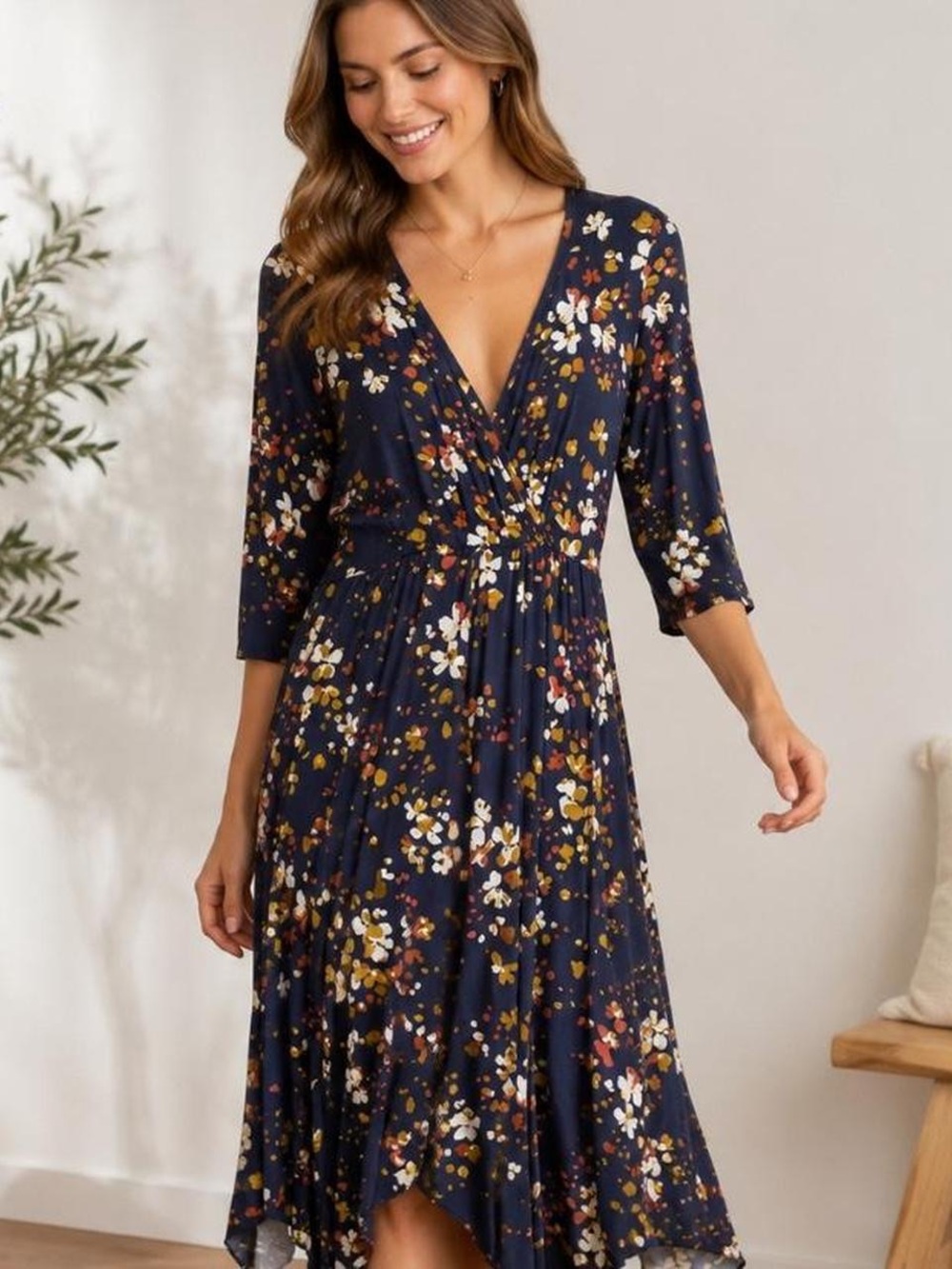 Loveappella Navy Floral Wrap Dress